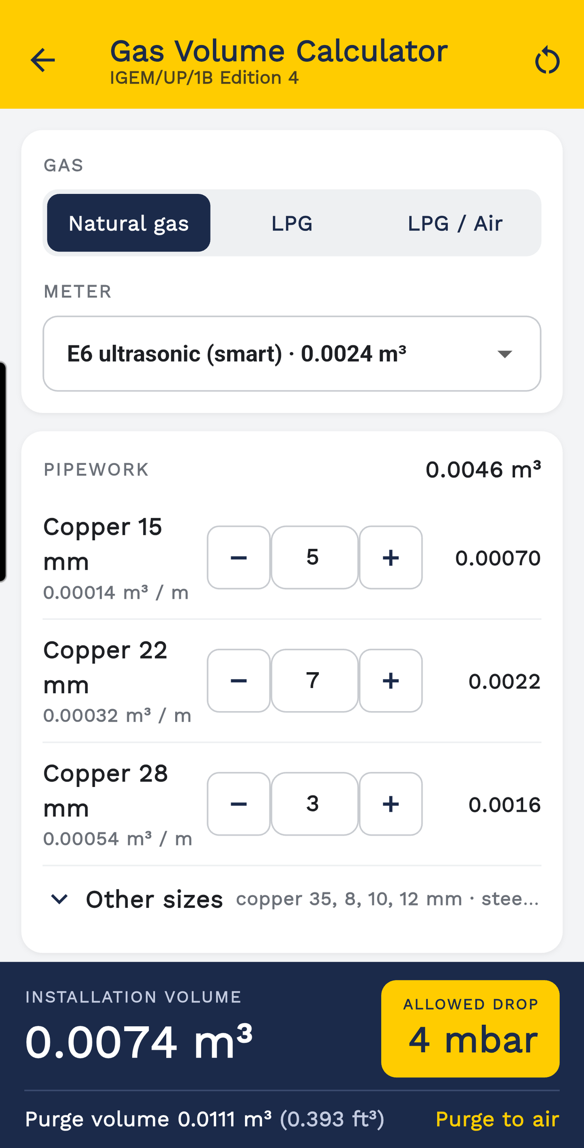 The Gas Volume Calculator screen in the Tightness Test app